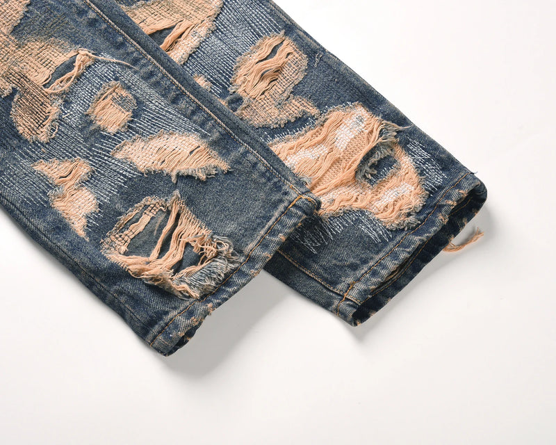 high street hole distressed ripped straight baggy jeans for men washed patchwork casual cargo pants oversized denim trousers unique cargo style 2875