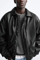 American high street PU imitation leather lapel cotton jacket autumn warm jacket men