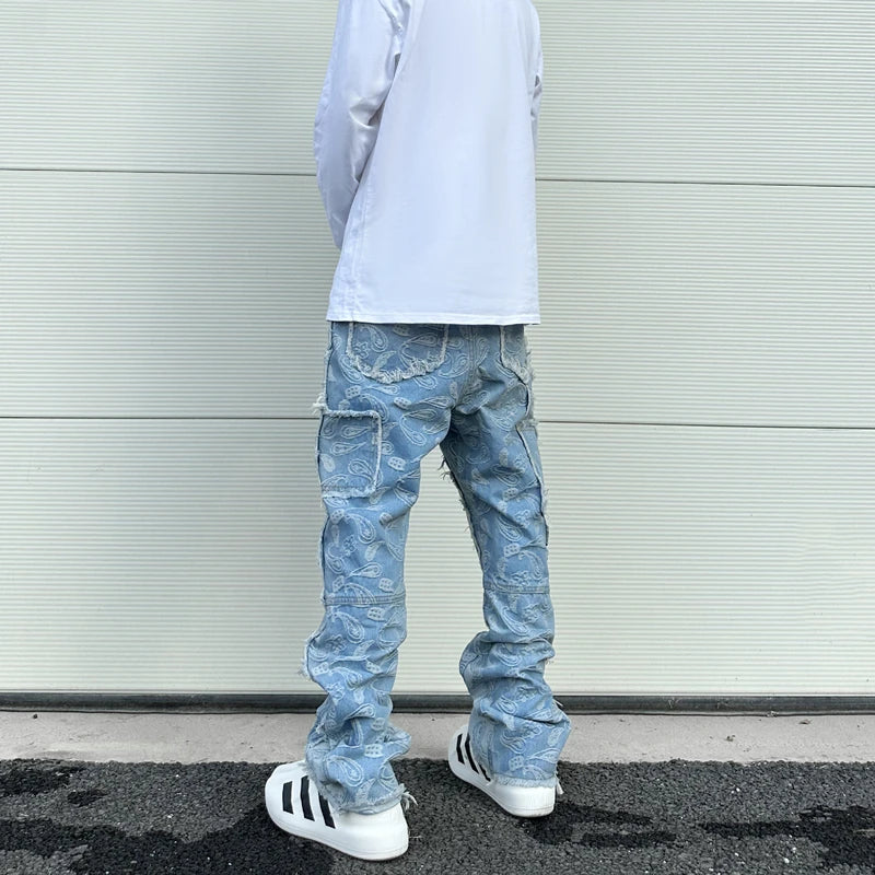 men distressed ripped patchwork paisley denim jean trouser fashion zipper biker jeans streetwear flare pants loose joggers jeans unique joggers style 5034