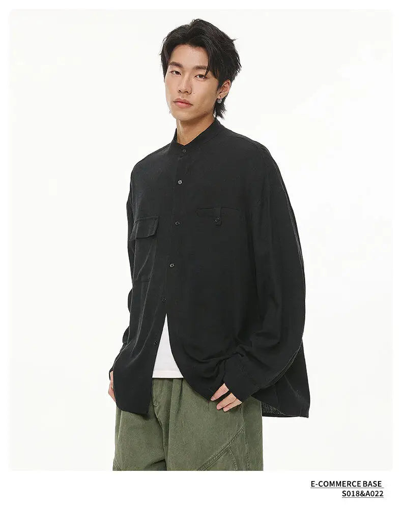 Men Loose Casual Streetwear Fashion Stand Collar Long Sleeve Black White Oversize Shirt Couple Plus Size Shirts Blouses