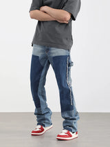 high street fashion contrast straight tube micro flared jean horn pant washing mens tassel vintage patchwork wide denim jeans unique jeans style 4994