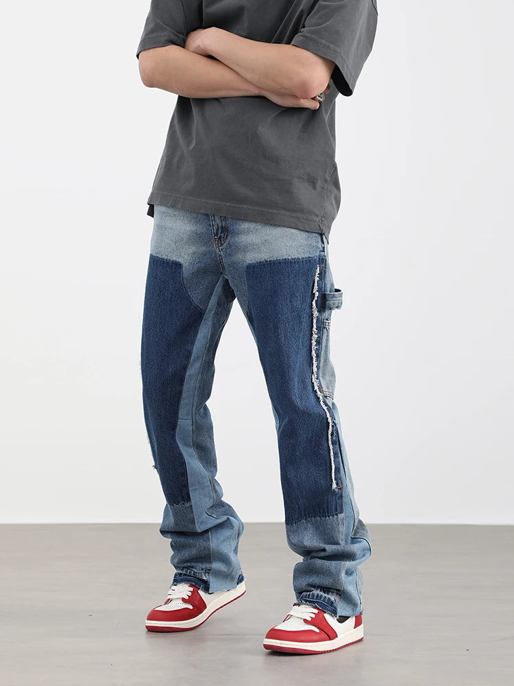 high street fashion contrast straight tube micro flared jean horn pant washing mens tassel vintage patchwork wide denim jeans unique jeans style 4994