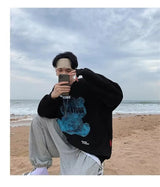 Graphic Blue Bear Kawaii Print Pullovers Hoodies For Men Autumn Fleece