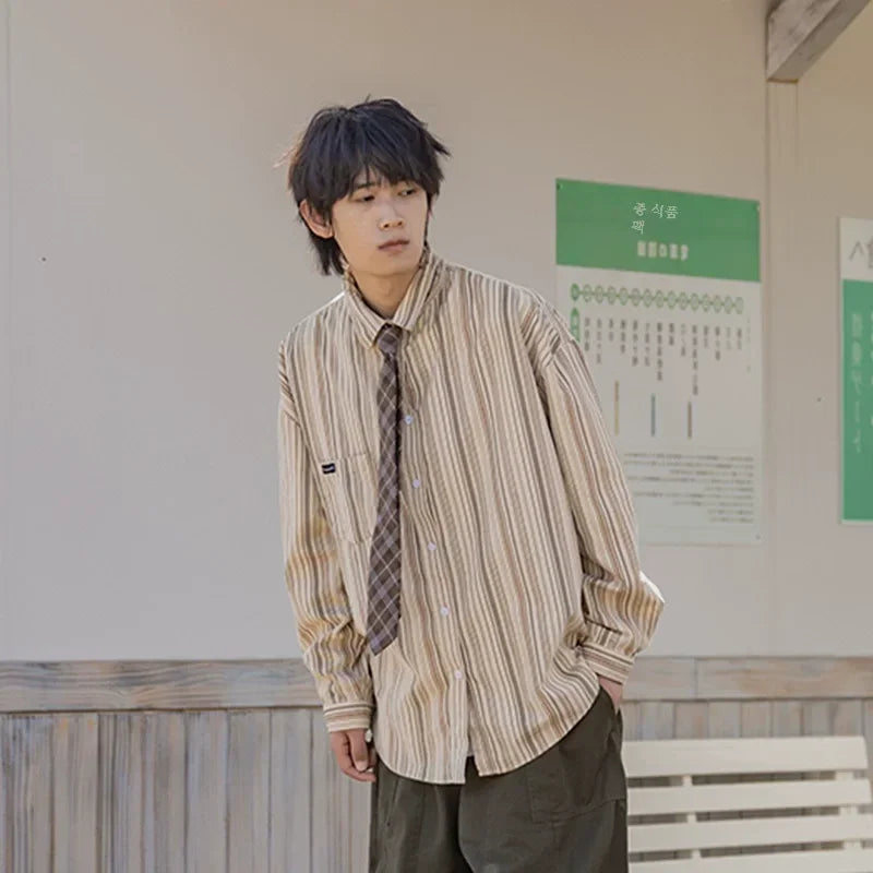 Spring and autumn new Japanese Harajuku style retro striped shirts for male and female