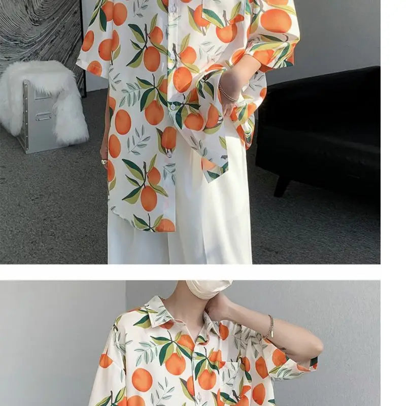 Gothic Streetwear – Orange Cute Fruit Peaches Full Print Shirts Loose Half Sleev – Modern Streetwear for Everyone