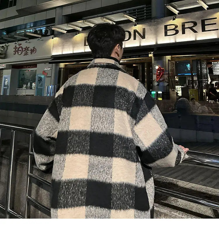 Plaid Woolen Trenchcoat Men Autumn Winter Fashion Retro Streetwear Suit Collar Loose Casual Trendy Trench Coat Outerwear