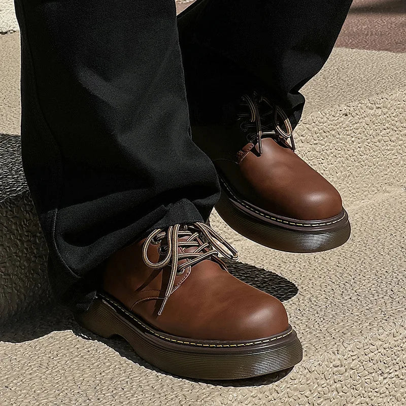 High Street Vintage Brown Big Toe Leather Shoes Men Women Streetwear Fashion Hip Hop Casual Increase Derby Shoes
