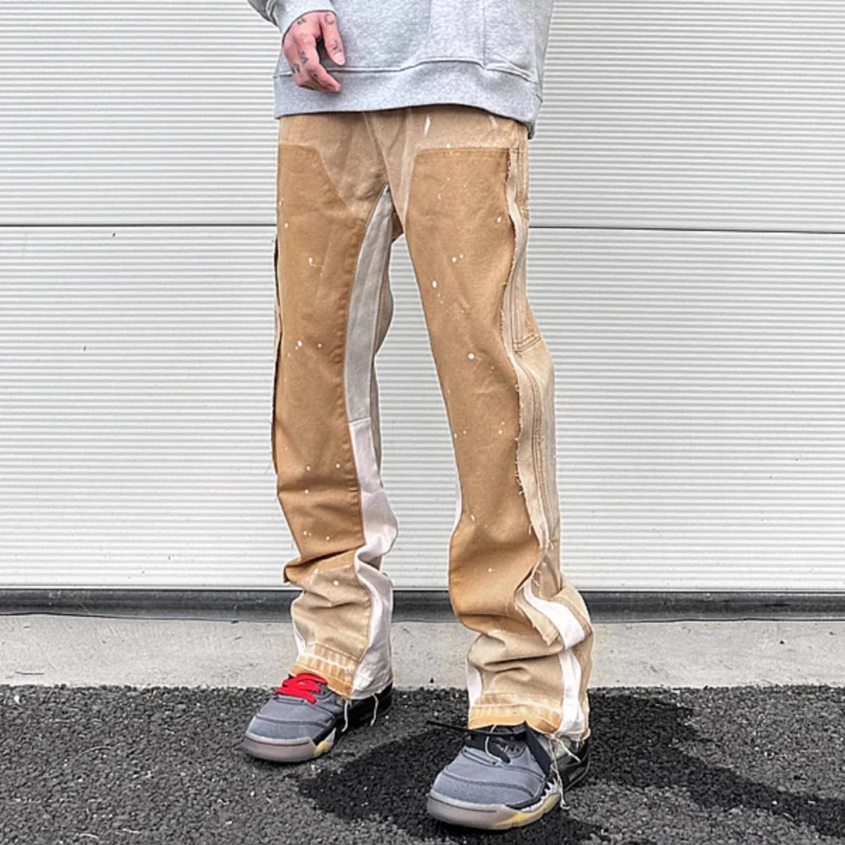 high street spliced speckled ink micro flare pants for men and women patchwork baggy jeans ropa hombre casual denim trousers unique jeans style 3578