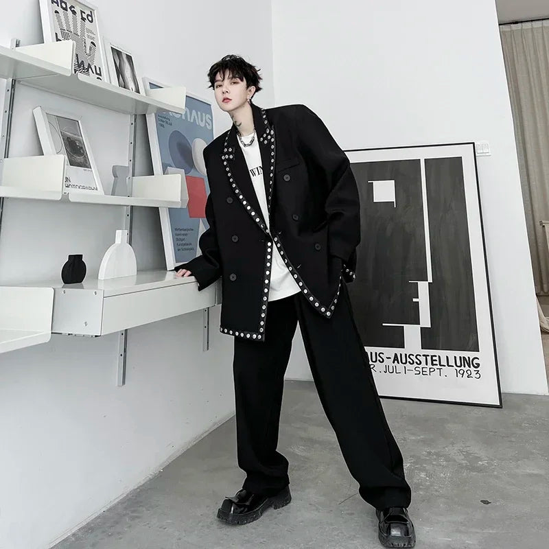 men streetwear fashion loose casual rivet hip hop party dress 2 piece suits blazers jacket pant sets stage clothing costume clean everyday pants