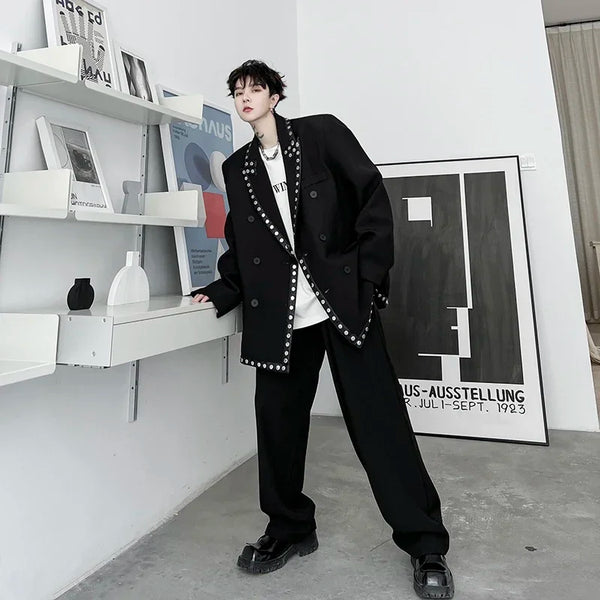 men streetwear fashion loose casual rivet hip hop party dress 2 piece suits blazers jacket pant sets stage clothing costume clean everyday pants