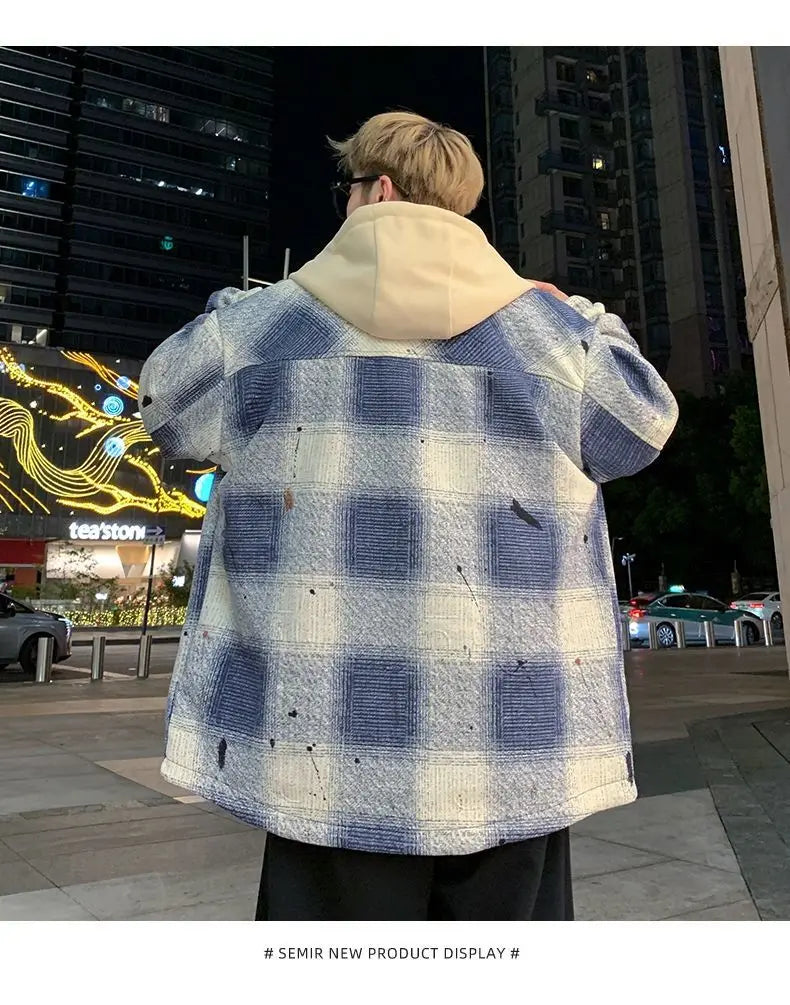American high street men and women trendy personalized hooded cardigan sweatshirt couple loose retro plaid casual jacket top y2k