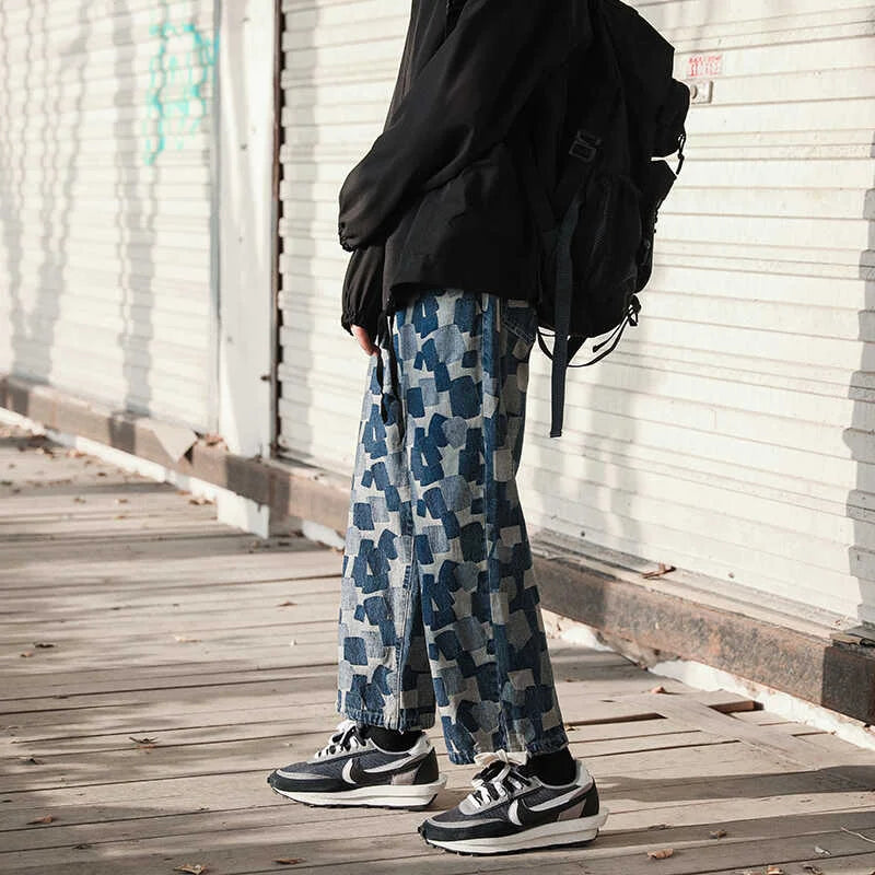 american plaid straight jeans mens casual streetwear printed denim pants autumn baggy classic wide leg retro y2k jean trousers ripped baggy denim
