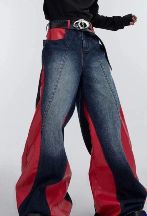 y2k retro washed splicing jeans for men new hip hop punk pu leather baggy jeans straight casual black denim trousers streetwear ripped baggy denim