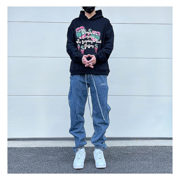 washed distressed denim sweatpant cashew flower patchwork oversized splice buckle jogging jeans casual button baggy men clothing unique joggers style 4355