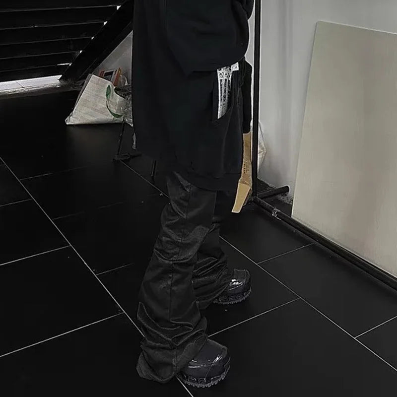 y2k streetwear wax leather strecth jeans for men and women ropa hombre baggy flare pants oversized straight denim trousers unique jeans style 4259