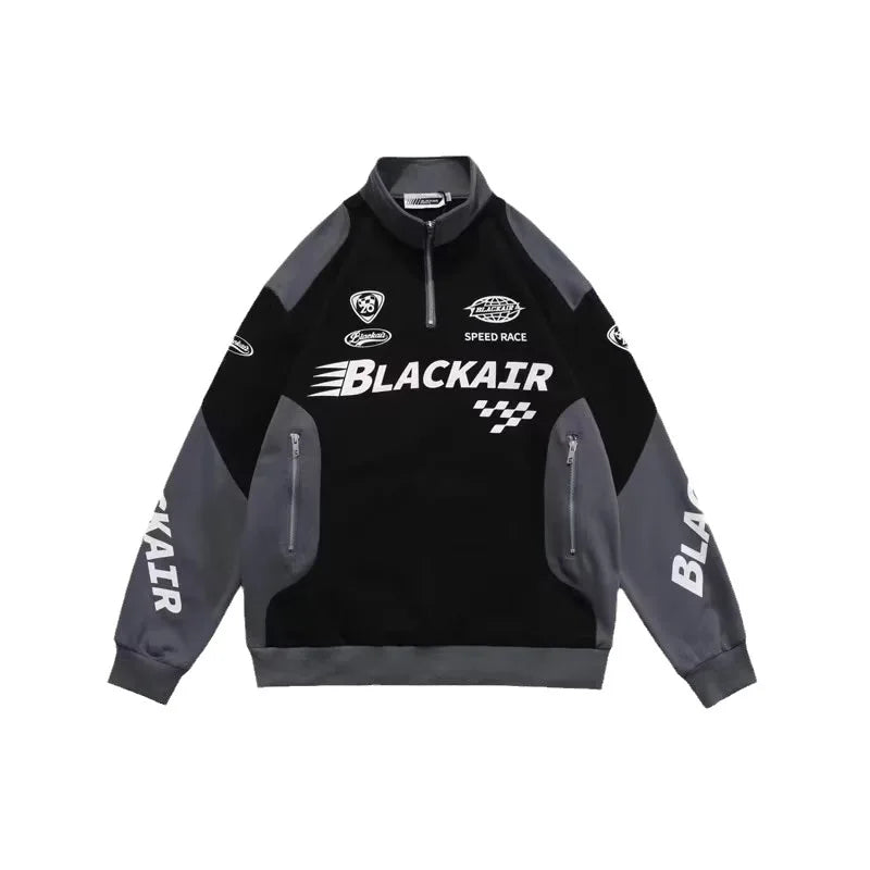 Retro Techwear Stand Collar Jacket Hip-hop Streetwear Half Zip Sweatshirt Letter Print Patchwork Zipper Coat