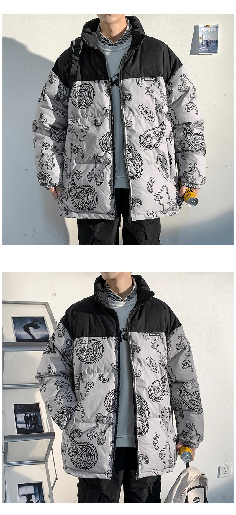 Men Japanese Streetwear Puffer Jackets 2023 Winter Mens Full Print Fashions Bubble Coat Couple Patchwork Thick Parkas