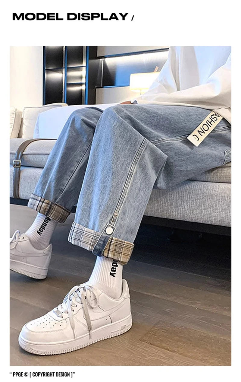 2024 new plaid trouser legs jeans for men casual baggy straight denim pants korean fashion y2k streetwear pantalones hombre jean unique jeans style 3562