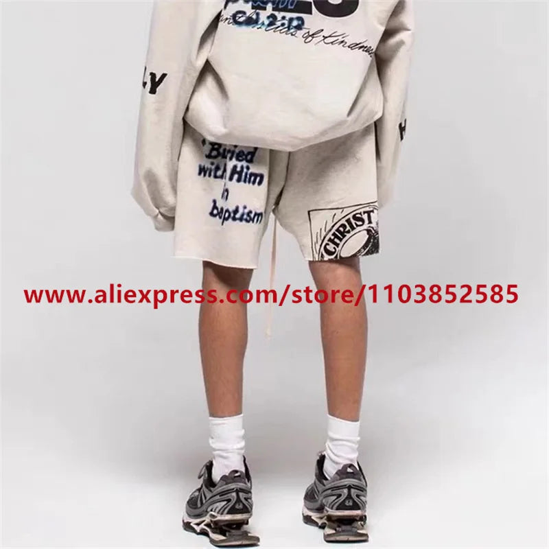 2024 American Heavyweight Vintage Men's Shorts With Letter Print Drawstring Loose Casual High Street High Quality