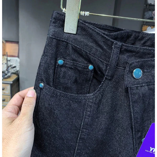men streetwear splice denim fashion brand hip hop loose casual straight jeans pant cityboy deep blue y2k jeans trousers for men ripped baggy denim