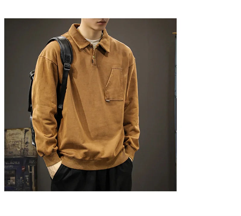 Autumn Y2K Vintage Long Sleeve Sweatshirt Mens Loose Pockets Polo Neck