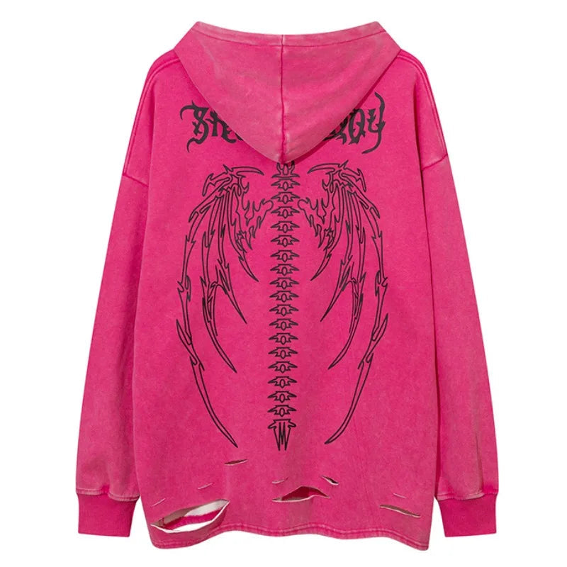 Harajuku vintage anime featuring fashion skull printed hoodies hip hop retro washed bottom ripped sweatshirt streetwear men hooded warm fleece loose tops hoodies