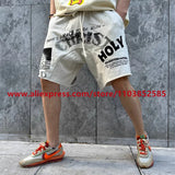 2024 American Heavyweight Vintage Men's Shorts With Letter Print Drawstring Loose Casual High Street High Quality