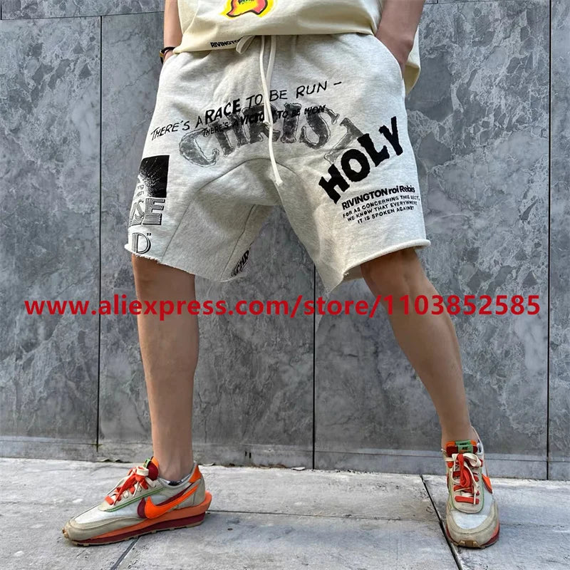 2024 American Heavyweight Vintage Men's Shorts With Letter Print Drawstring Loose Casual High Street High Quality