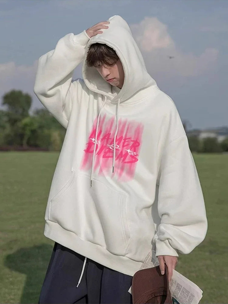 2024 New Graffiti Letter Print Hooded Fleece Sweatshirt For Men Loose