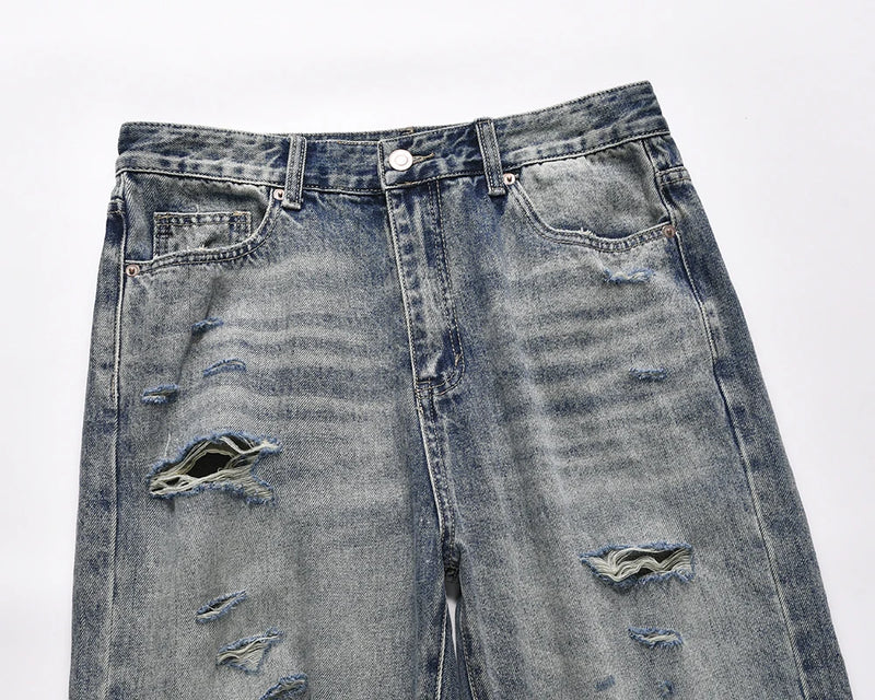 distressed frayed hole washed baggy jeans pants unisex pantalones hombre streetwear y2k straight casual denim trousers oversized stacked flare jeans