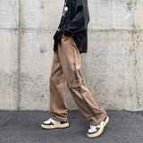 2023 cool design side zipper baggy men cargo jeans pants vintage brown straight cotton hip hop long trousers pantalones hombre unique cargo style 5826