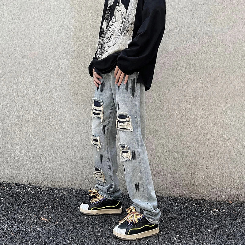 graffiti printed ripped destroied denim jean mens distressed biker jeans trousers new fashion high street straight pants joggers urban active pants