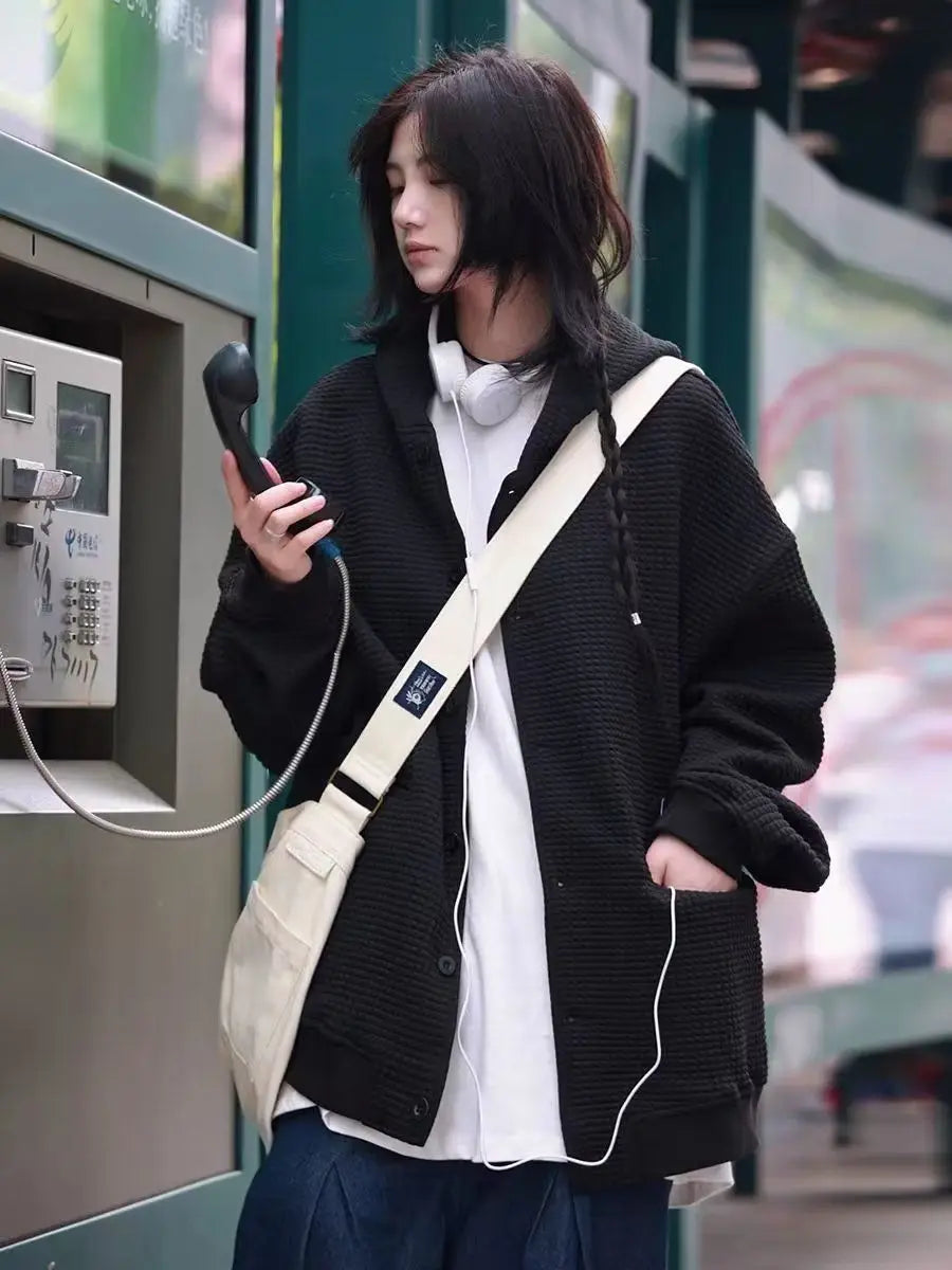 Korean Retro Y2K Waffle Hooded Jacket for Men and Women Ins Harajuku Style Casual Loose