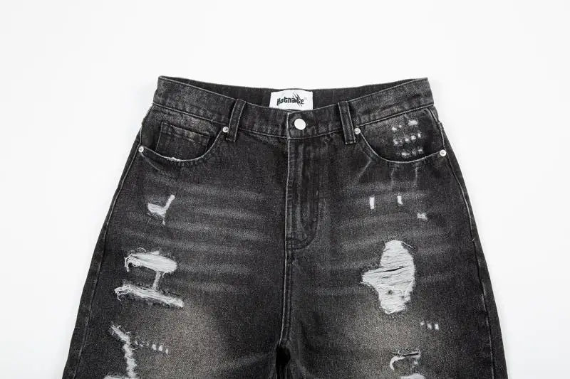 high street black washed straight jeans lowrise hip hop ripped jeans pants for men baggy vintage fashion wide denim pants women unique jeans style 5365