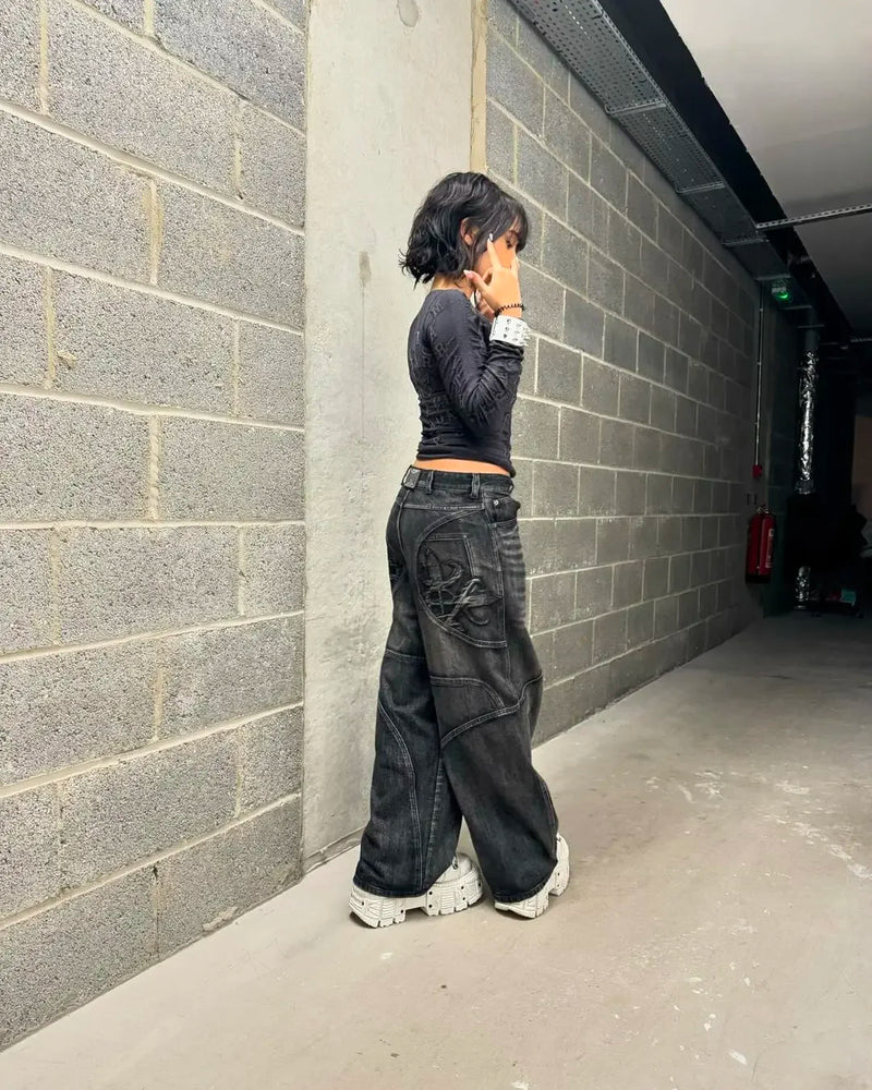 y2k baggy jeans women hip hop goth retro high waisted jeans black slouchy oversized embroidery pattern denim pants streetwear unique jeans style 602