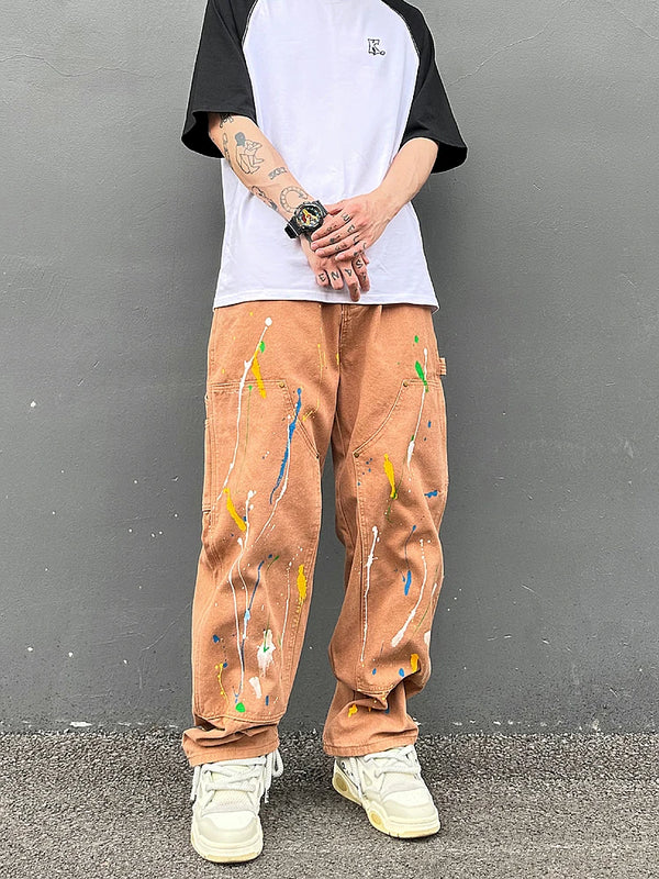 fashion graffiti printed denim jeans mens high street zipper straight jeans hip hop streetwear casual loose joggers jeans pants relaxed fit joggers
