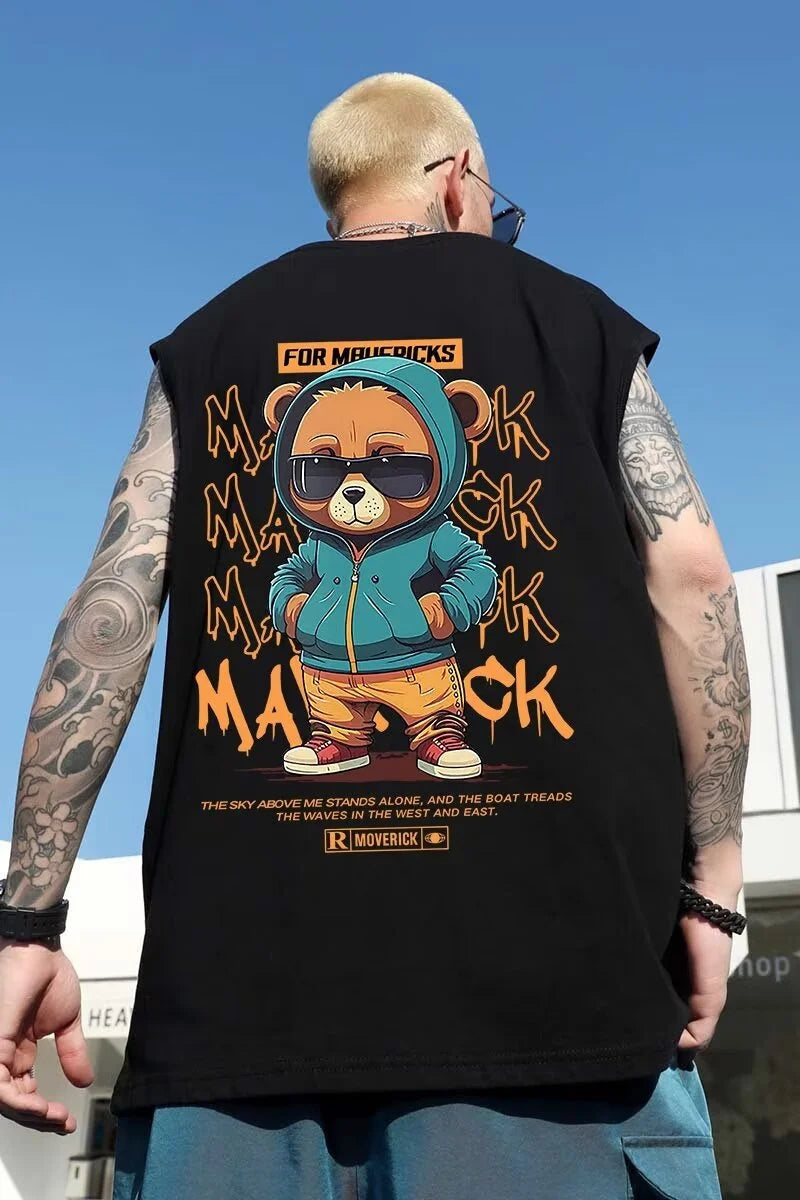 Anime Graphic tee – 2024 Hip Hop Bear Printed Tank Top Men Summer Retro Basketball