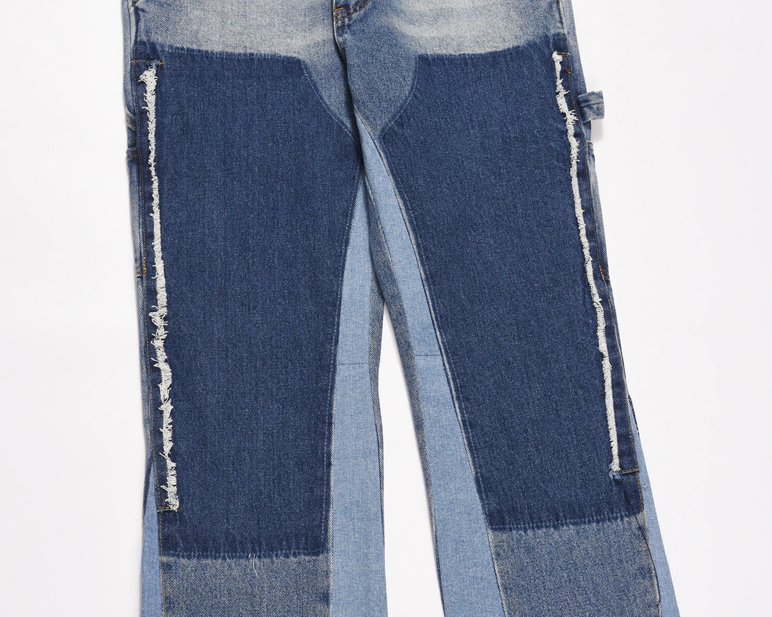 high street fashion contrast straight tube micro flared jean horn pant washing mens tassel vintage patchwork wide denim jeans unique jeans style 5009