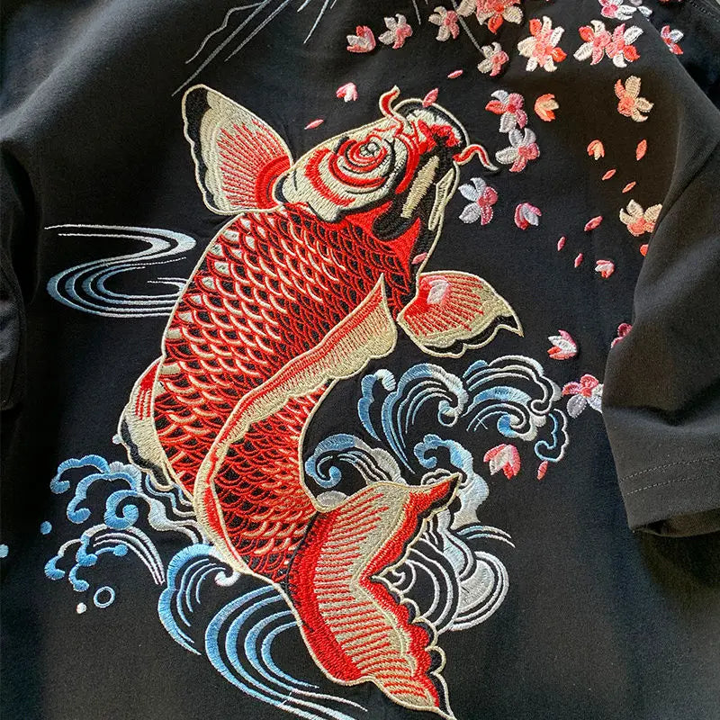Cyberpunk Graphic Tee – New Summer Aesthetic Vintage Carp Fish Embroidery T Shirts W – Modern Streetwear for Everyone