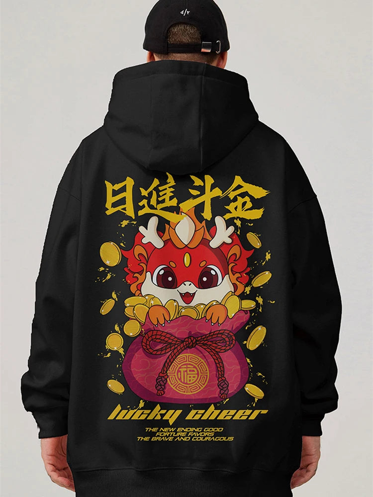 Lucky Cheer Dragon Printed Hoody Man Y2K Streetwear Clothes Fleece Hip