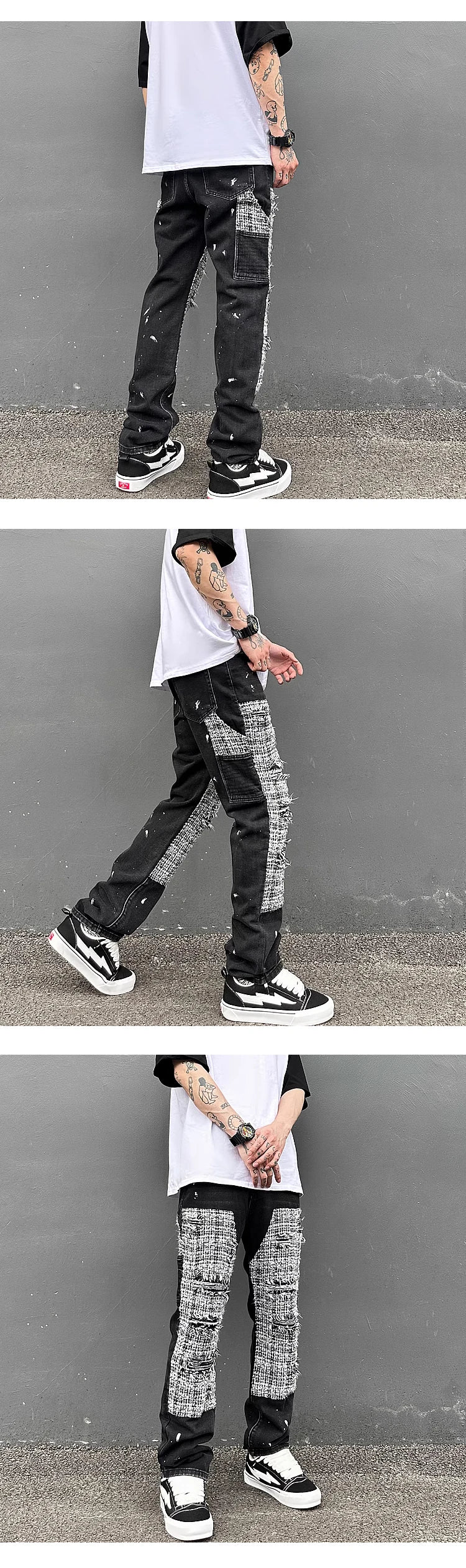 ripped holes patchwork denim jeans mens high street zipper straight jeans hip hop streetwear casual loose joggers jeans pants unique joggers style 2573