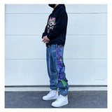 washed distressed denim sweatpant cashew flower patchwork oversized splice buckle jogging jeans casual button baggy men clothing unique joggers style 4353