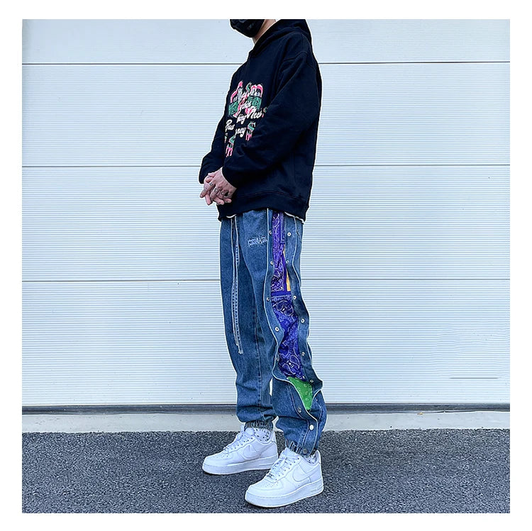 washed distressed denim sweatpant cashew flower patchwork oversized splice buckle jogging jeans casual button baggy men clothing unique joggers style 4353