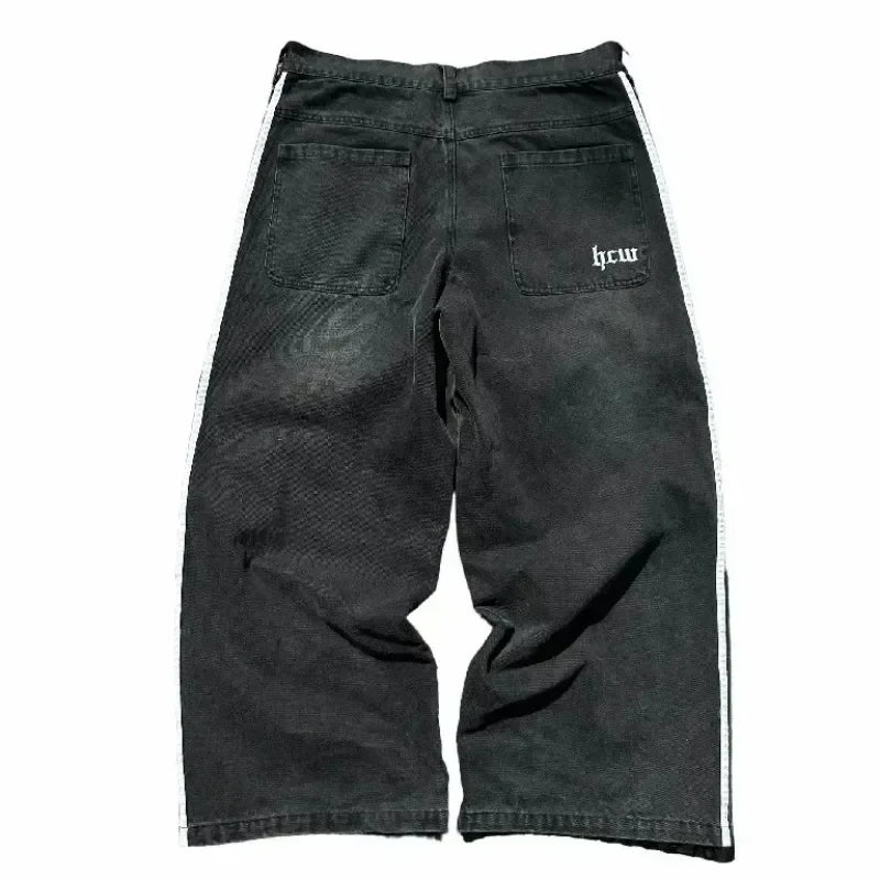 gothic embroidered wide leg denim pants high street streetwear harajuku retro hip hop mens jeans y2k black striped baggy jeans unique jeans style 2601