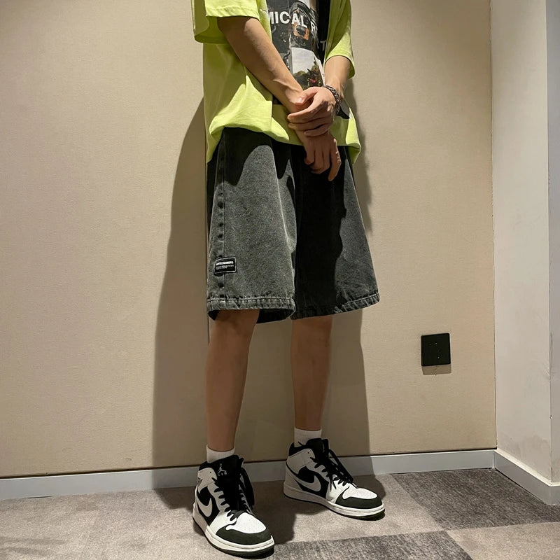 Korean Style Summer Men's Black Wide Leg Denim Shorts 2023 New Fashion Casual Baggy Short Jeans Male Brand Clothes