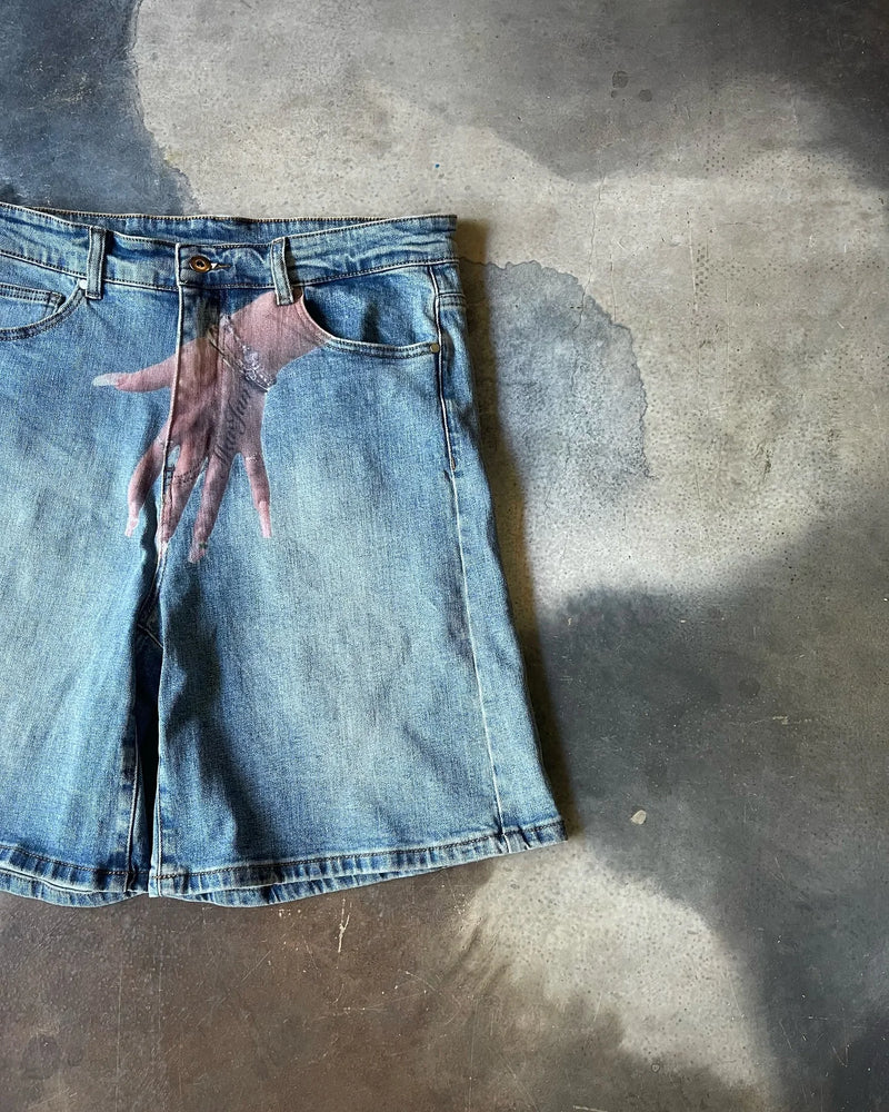 harajuku y2k shorts pants mens blue baggy hand print retro denim gym short pant gothic sweatpants basketball shorts men clothing casual joggers