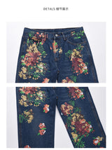 graffiti floral printed denim jean mens new casual zipper biker jeans fashion high street slim fit pants joggers hip hop jeans unique joggers style 1575