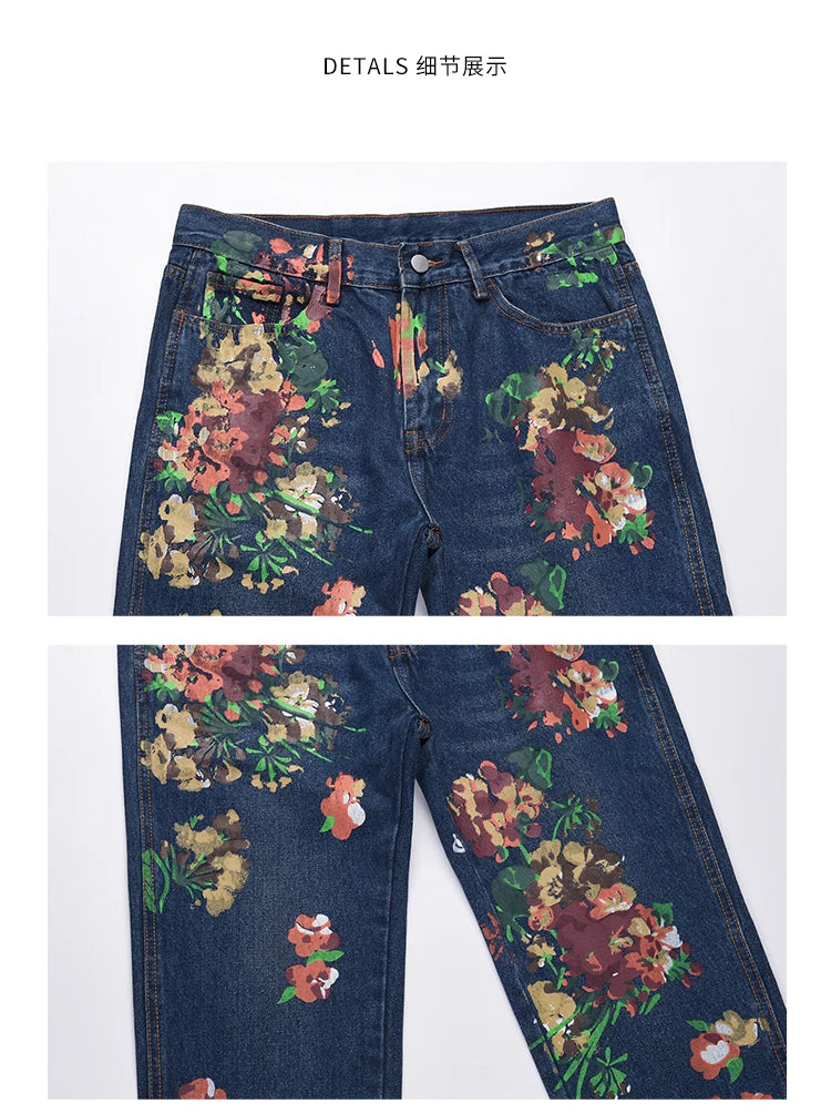 graffiti floral printed denim jean mens new casual zipper biker jeans fashion high street slim fit pants joggers hip hop jeans unique joggers style 1575