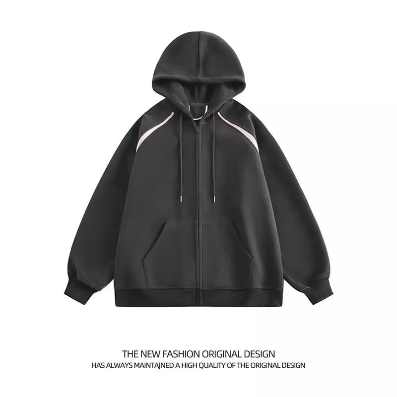 American Street Ins Gray Hooded Sweatshirt Jacket for Boys Retro Street Y2K Loose Splicing Contrasting Zipper Cardigan Top