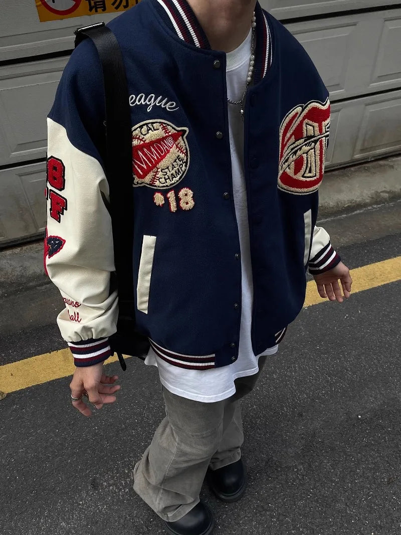 checkered varsity coat, layered streetwear look, trendy